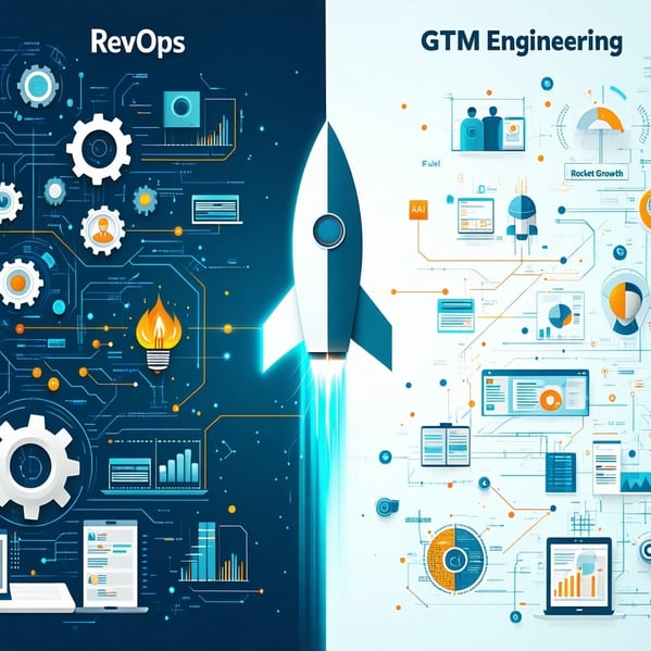 A modern dynamic illustration split into two halvesLeft side shows gears flowcharts databases and aligned teams under RevOpsrepresenting organized systems and collaborationRight side depicts rocketfuel graphs AI chatbots automation pipelines and pers