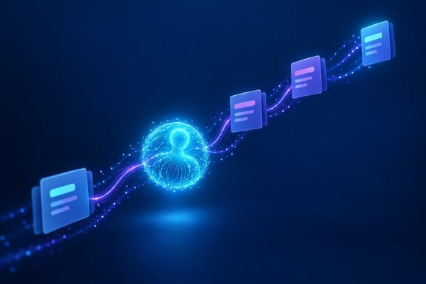 Glowing AI agent orb autonomously connecting to a sequence of deal record cards, representing autonomous CRM automation