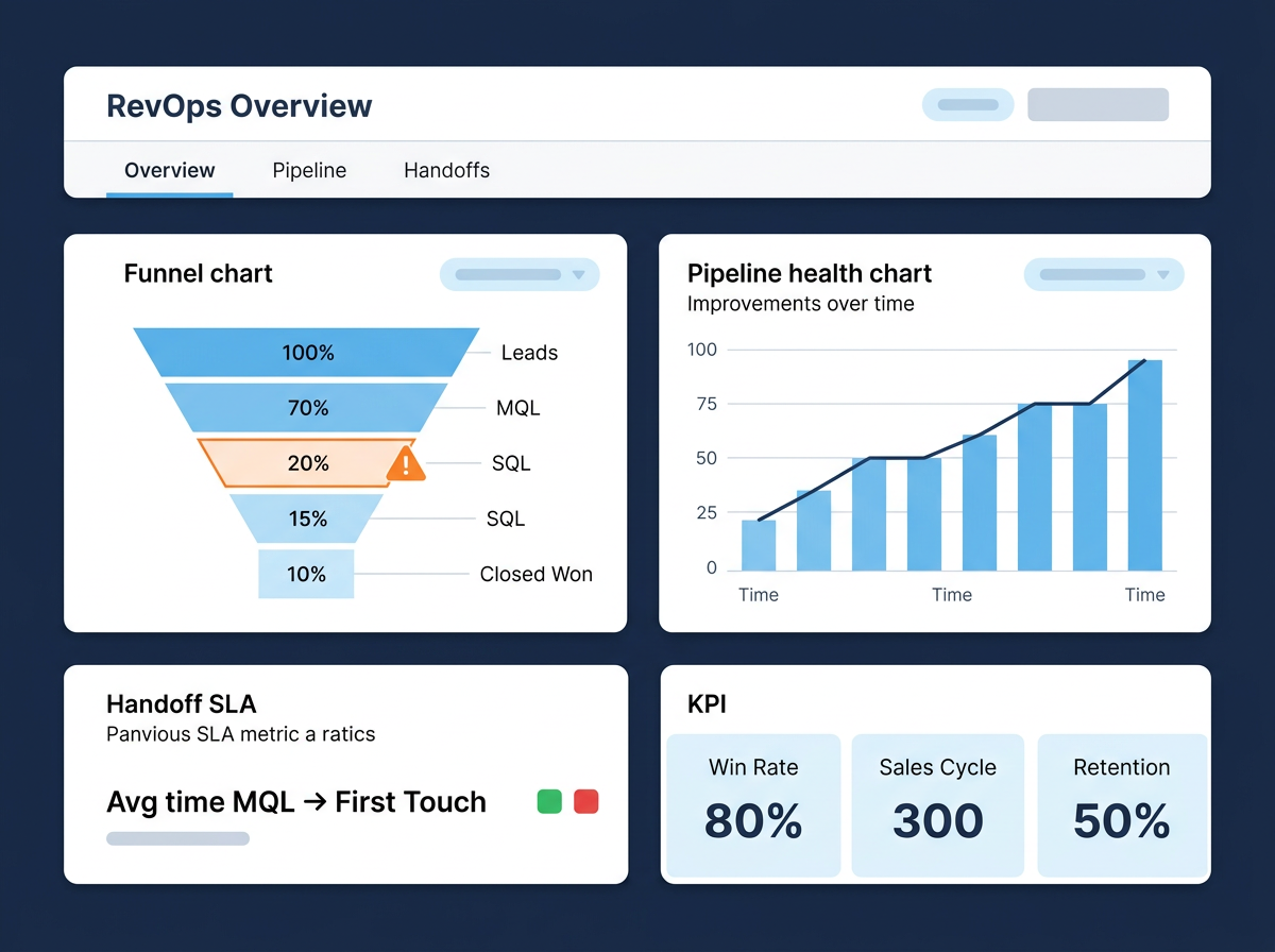 Revenue Efficiency Guide preview: RevOps dashboard showing funnel conversion, pipeline health, handoff SLAs, and KPIs
