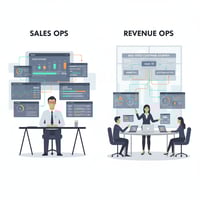 A modern, professional illustration comparing Sales Operations and Revenue Operations. The left side shows a Sales Ops manager at a desk, surrounded by tactical sales dashboards and pipeline charts, emphasizing a narrow, quota-focused approach. The right side depicts a RevOps strategist at a large table collaborating with Marketing and Customer Success colleagues. Smooth, interconnected data flows on their screens symbolize a holistic, end-to-end customer journey strategy. The illustration has a clean, professional style with subtle playful details.