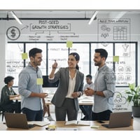 Founders and RevOps consultant collaborate at a whiteboard, mapping post-seed growth priorities for a SaaS startup. The board displays investment, CRM, agile teamwork, and key metrics, capturing the action-oriented strategy theme of modern revenue operations.