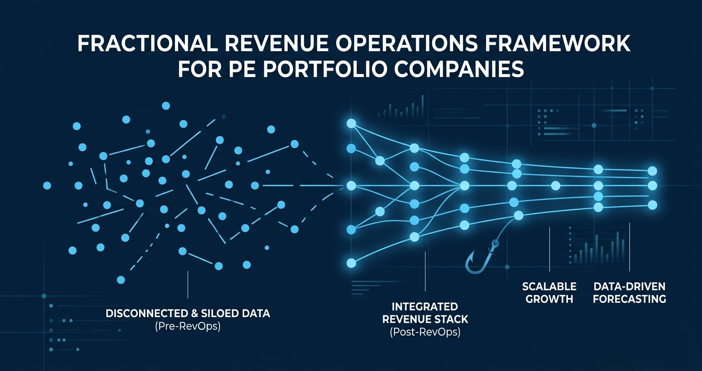 A conceptual diagram illustrating the value of RevOps. It visually depicts the transformation of messy, unorganized data points into a clean, interconnected pipeline architecture. The design uses a professional Bloomberg-style aesthetic with glowing blue accents and includes a subtle fishing hook brand element.