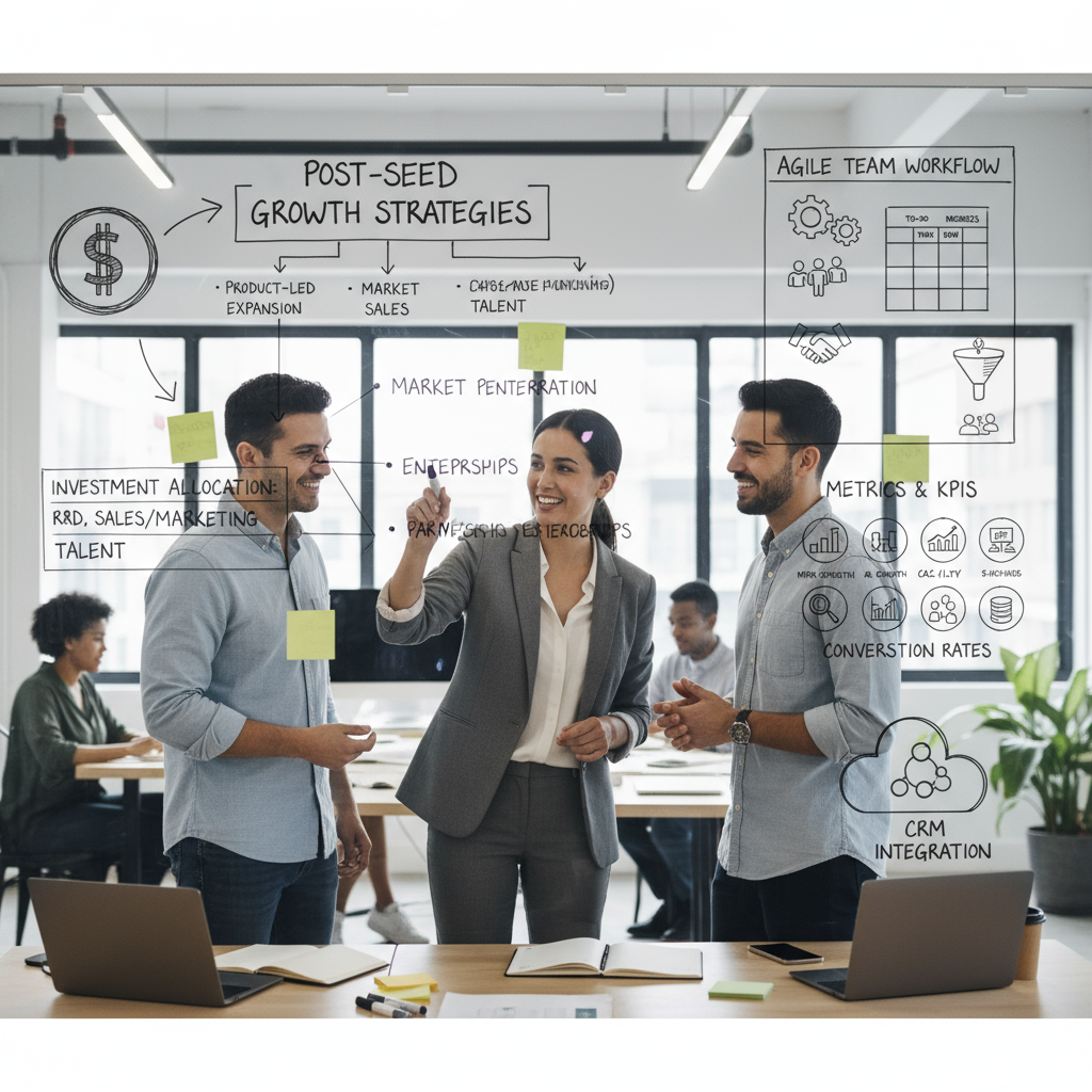 Founders and RevOps consultant collaborate at a whiteboard, mapping post-seed growth priorities for a SaaS startup. The board displays investment, CRM, agile teamwork, and key metrics, capturing the action-oriented strategy theme of modern revenue operations.